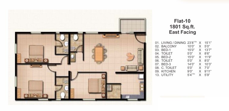 Floor plan of 3 BHK 1801 Sq. Ft. Apartment in Jains Carlton Creek Phase 2, Hyderabad