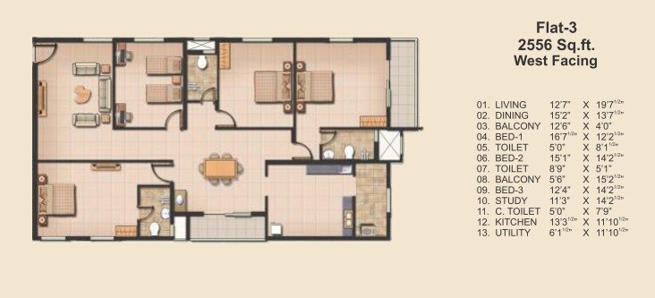 Floor plan of 3 BHK 2556 Sq. Ft. Apartment in Jains Carlton Creek Phase 2, Hyderabad