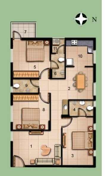 Floor plan of 3 BHK 1273 Sq. Ft. Apartment in Jains Salzburg, Hyderabad