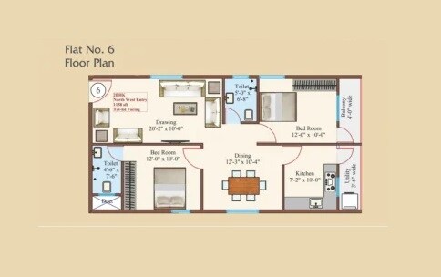 Floor plan of 2 BHK Apartment - 1158 sq. ft. in Jalsa Garikipati Towers, Hyderabad