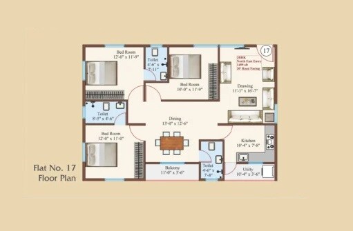 Floor plan of 3 BHK Apartment - 1499 sq. ft. in Jalsa Garikipati Towers, Hyderabad