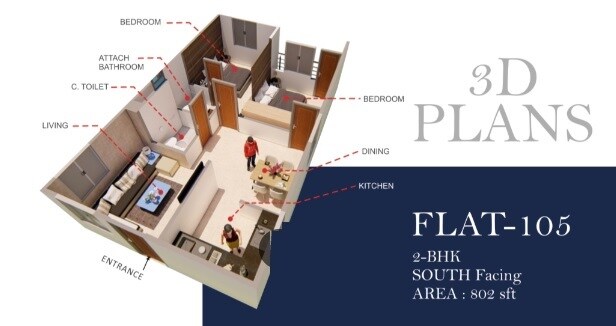 Floor plan of 2 BHK 802 Sq. Ft. Apartment in Jalsa Residency, Hyderabad