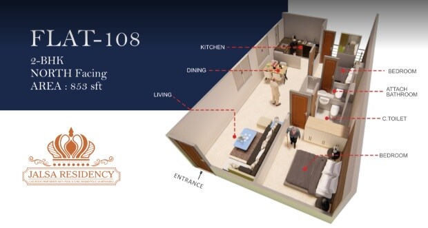 Floor plan of 2 BHK 853 Sq. Ft. Apartment in Jalsa Residency, Hyderabad