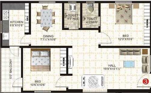 Floor plan of 2 BHK 1000 Sq. Ft. Apartment in Janani Srinivasa Nilayam, Hyderabad