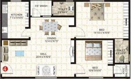 Floor plan of 2 BHK 1025 Sq. Ft. Apartment in Janani Srinivasa Nilayam, Hyderabad