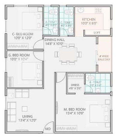 Floor plan of 3 BHK 1250 Sq. Ft. Apartment in Janapriya Arcadia, Hyderabad