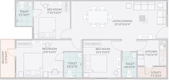 3 BHK 1150 Sq. Ft. Apartment
