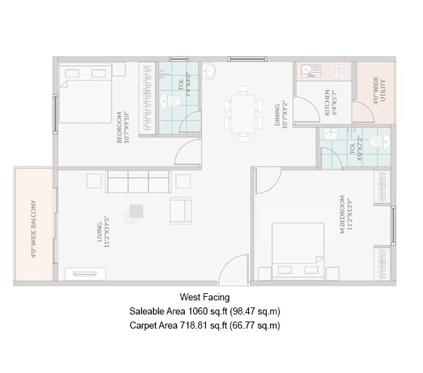 Floor plan of 2 BHK 1060 Sq. Ft. Apartment in Janapriya Nile valley, Hyderabad