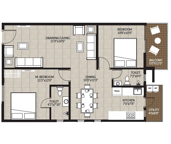 Floor plan of 2 BHK 1045 Sq. Ft. Apartment in Janapriya Nile valley, Hyderabad