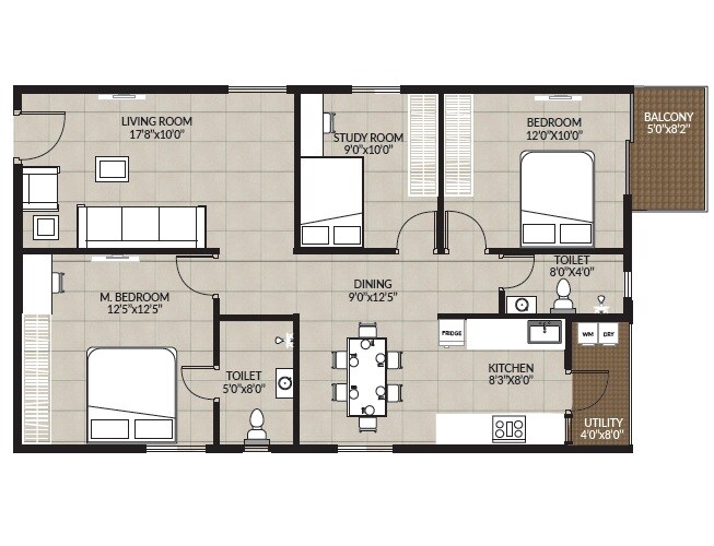 Floor plan of 2 BHK 1250 Sq. Ft. Apartment in Janapriya Nile valley, Hyderabad