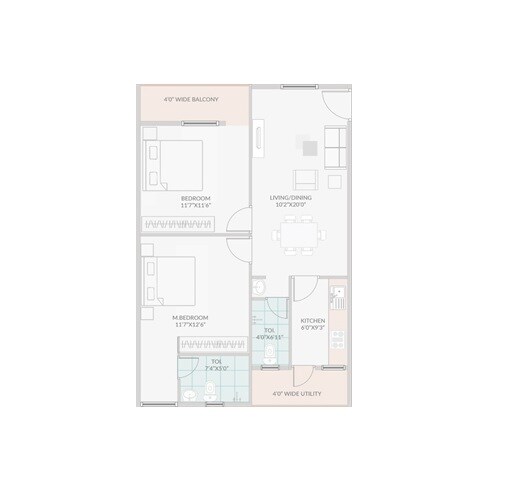 Floor plan of 2 BHK 990 Sq. Ft. Apartment in Janapriya Nile valley, Hyderabad