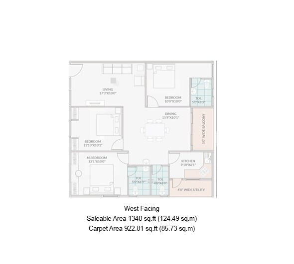 Floor plan of 3 BHK 1340 Sq. Ft. Apartment in Janapriya Nile valley, Hyderabad