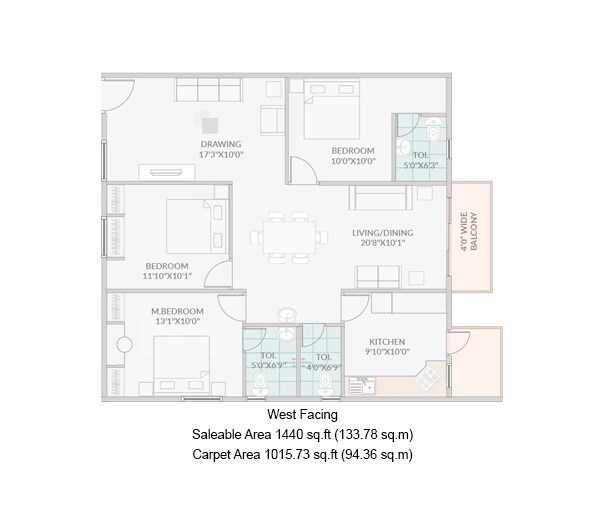 Floor plan of 3 BHK 1440 Sq. Ft. Apartment in Janapriya Nile valley, Hyderabad
