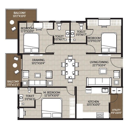 Floor plan of 3 BHK 1475 Sq. Ft. Apartment in Janapriya Nile valley, Hyderabad