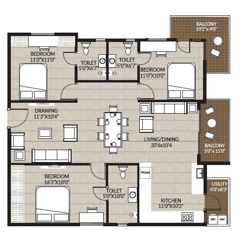 Floor plan of 3 BHK 1535 Sq. Ft. Apartment in Janapriya Nile valley, Hyderabad