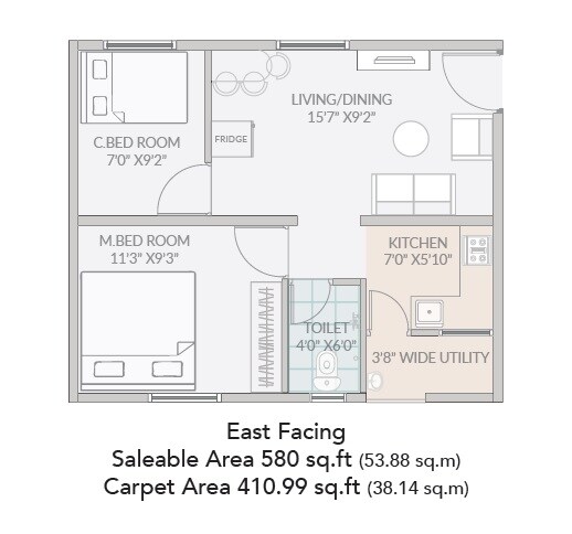 Floor plan of 2 BHK 580 Sq. Ft. Apartment in Janapriya Sitara, Hyderabad