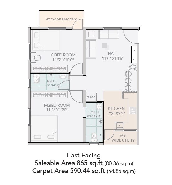 Floor plan of 2 BHK 855 Sq. Ft. Apartment in Janapriya Sitara, Hyderabad