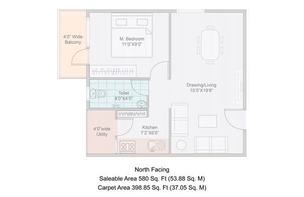 Floor plan of 1 BHK 580 Sq. Ft. Apartment in Janapriya Unnati, Hyderabad