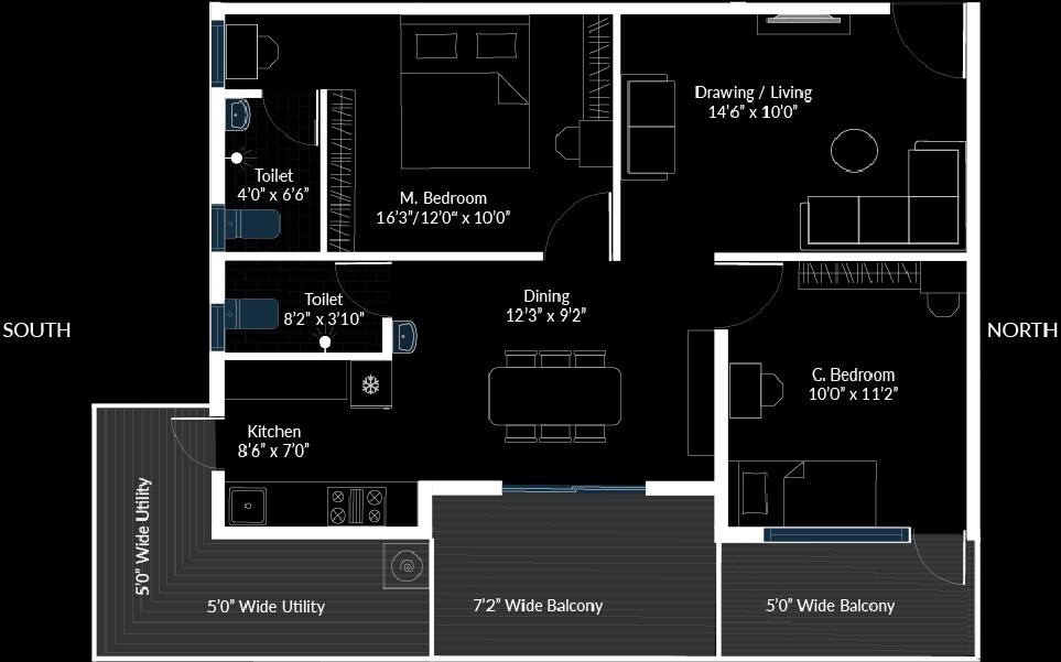 Floor plan of 2 BHK 1130 Sq. Ft. Apartment in Janapriya Unnati, Hyderabad