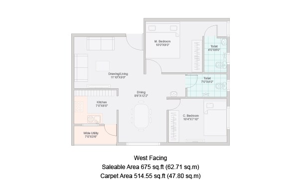 Floor plan of 2 BHK 675 Sq. Ft. Apartment in Janapriya Unnati, Hyderabad