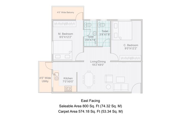 Floor plan of 2 BHK 800 Sq. Ft. Apartment in Janapriya Unnati, Hyderabad