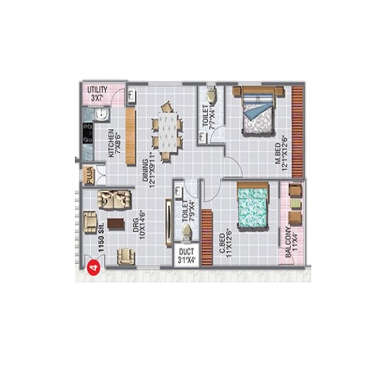 Floor plan of 2 BHK 1150 Sq. Ft. Apartment in Jayabharathi Nivasa, Hyderabad