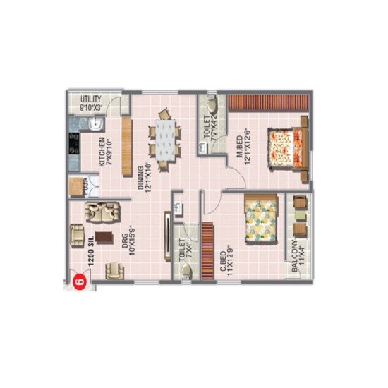 Floor plan of 2 BHK 1200 Sq. Ft. Apartment in Jayabharathi Nivasa, Hyderabad