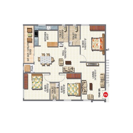 Floor plan of 3 BHK 1540 Sq. Ft. Apartment in Jayabharathi Nivasa, Hyderabad