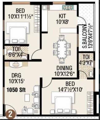 Floor plan of 2 BHK 1050 Sq. Ft. Apartment in Jayabharathi Ramani Heights, Hyderabad