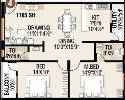 Floor plan of 2 BHK 1165 Sq. Ft. Apartment in Jayabharathi Ramani Heights, Hyderabad
