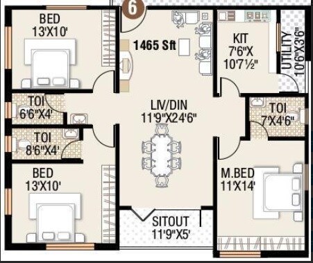 3 BHK 1465 Sq. Ft. Apartment
