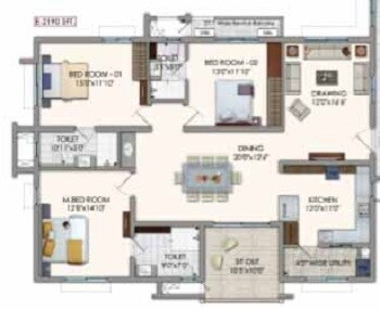 Floor plan of 3 BHK 1885 Sq. Ft. Apartment in Jayabheri The Nirvana, Hyderabad