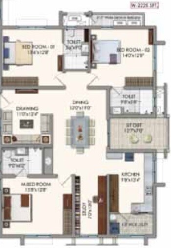 Floor plan of 3 BHK 2225 Sq. Ft. Apartment in Jayabheri The Nirvana, Hyderabad