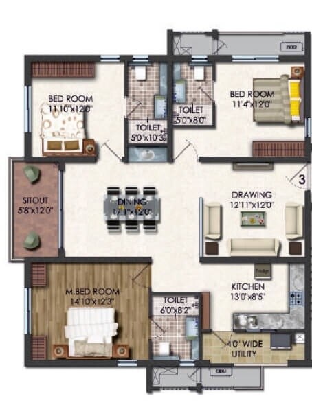 Floor plan of 3 BHK 1860 Sq. Ft. Apartment in Jayabheri The Summit, Hyderabad