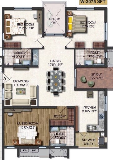 Floor plan of 3 BHK 2075 Sq. Ft. Apartment in Jayabheri The Summit, Hyderabad