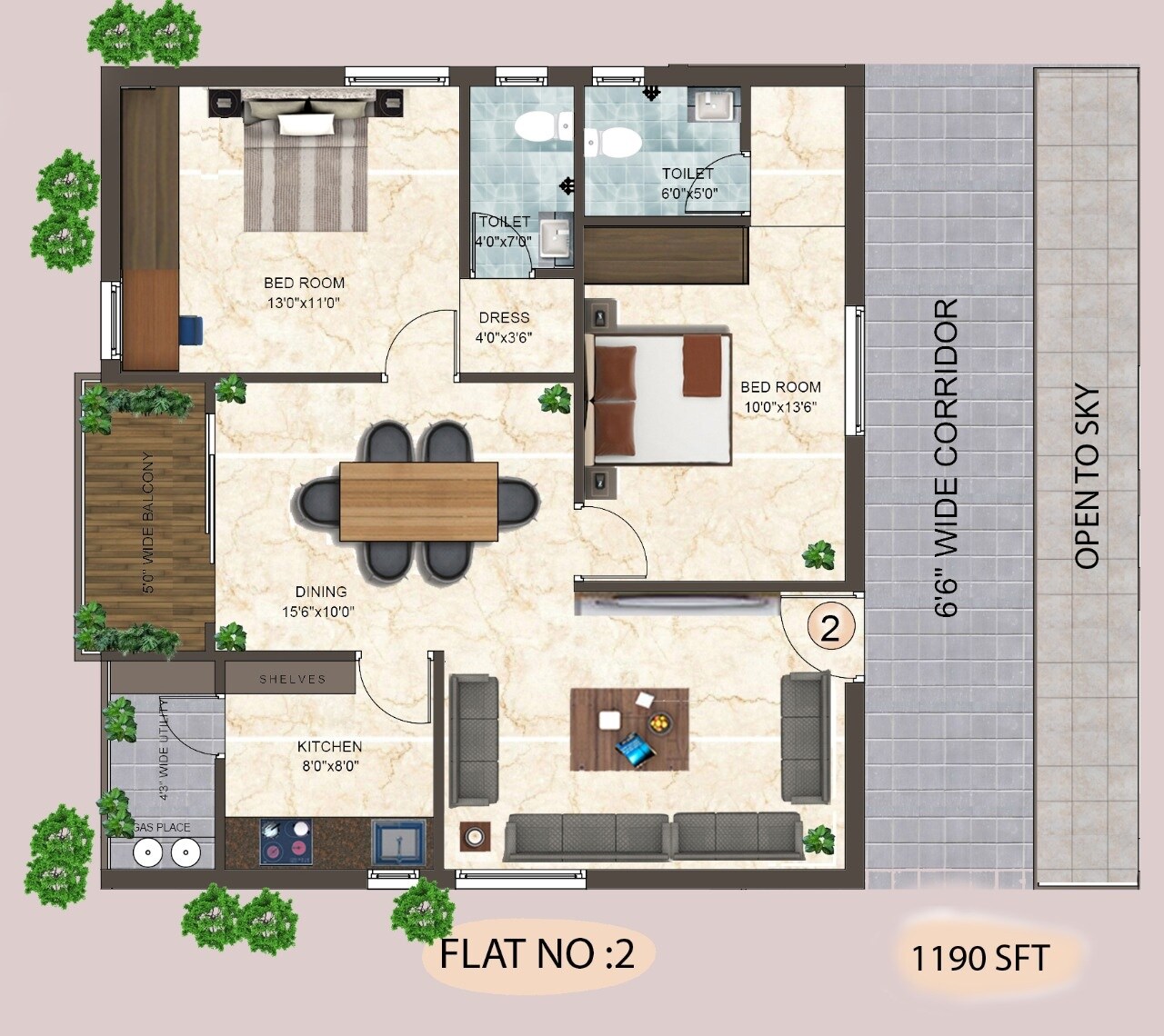Floor plan of 2 BHK 1190 Sq. Ft. Apartment in Jayas Diamond, Hyderabad