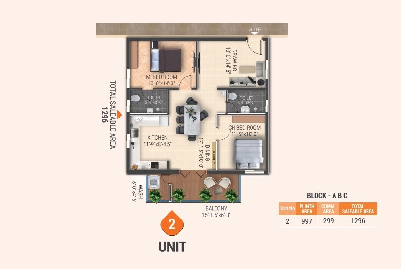 Floor plan of 2 BHK 1296 Sq. Ft. Apartment in JB Galaxy Fountain Park, Hyderabad