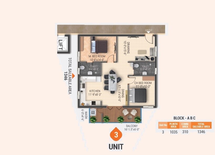 Floor plan of 2 BHK 1346 Sq. Ft. Apartment in JB Galaxy Fountain Park, Hyderabad
