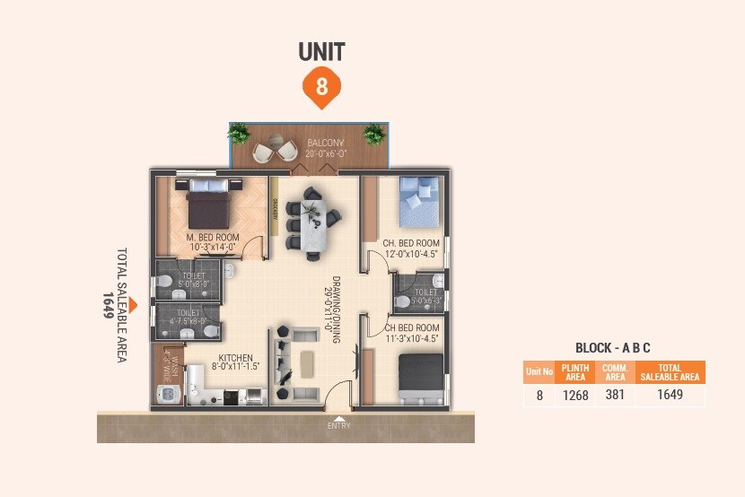 Floor plan of 3 BHK 1649 Sq. Ft. Apartment in JB Galaxy Fountain Park, Hyderabad