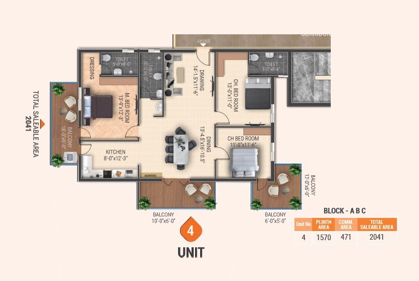 Floor plan of 3 BHK 2041 Sq. Ft. Apartment in JB Galaxy Fountain Park, Hyderabad