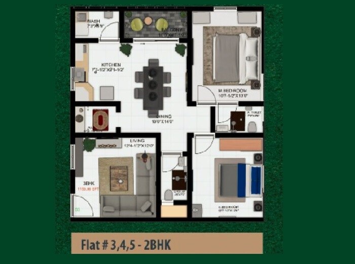 Floor plan of 2 BHK 1159 Sq. Ft. Apartment in Jewels Apartments, Hyderabad