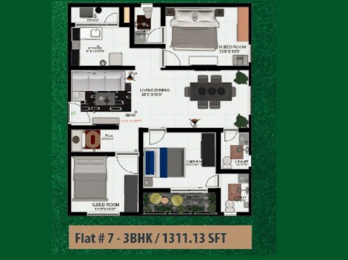 Floor plan of 3 BHK 1311 Sq. Ft. Apartment in Jewels Apartments, Hyderabad