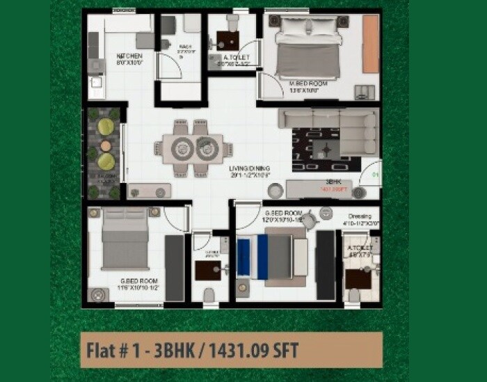 Floor plan of 3 BHK 1431 Sq. Ft. Apartment in Jewels Apartments, Hyderabad