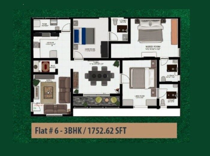 Floor plan of 3 BHK 1753 Sq. Ft. Apartment in Jewels Apartments, Hyderabad