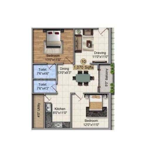 Floor plan of 2 BHK 1090 Sq. Ft. Apartment in JK Platinum Heights, Hyderabad