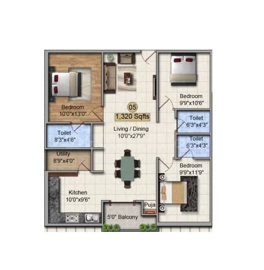 Floor plan of 3 BHK 1320 Sq. Ft. Apartment in JK Platinum Heights, Hyderabad