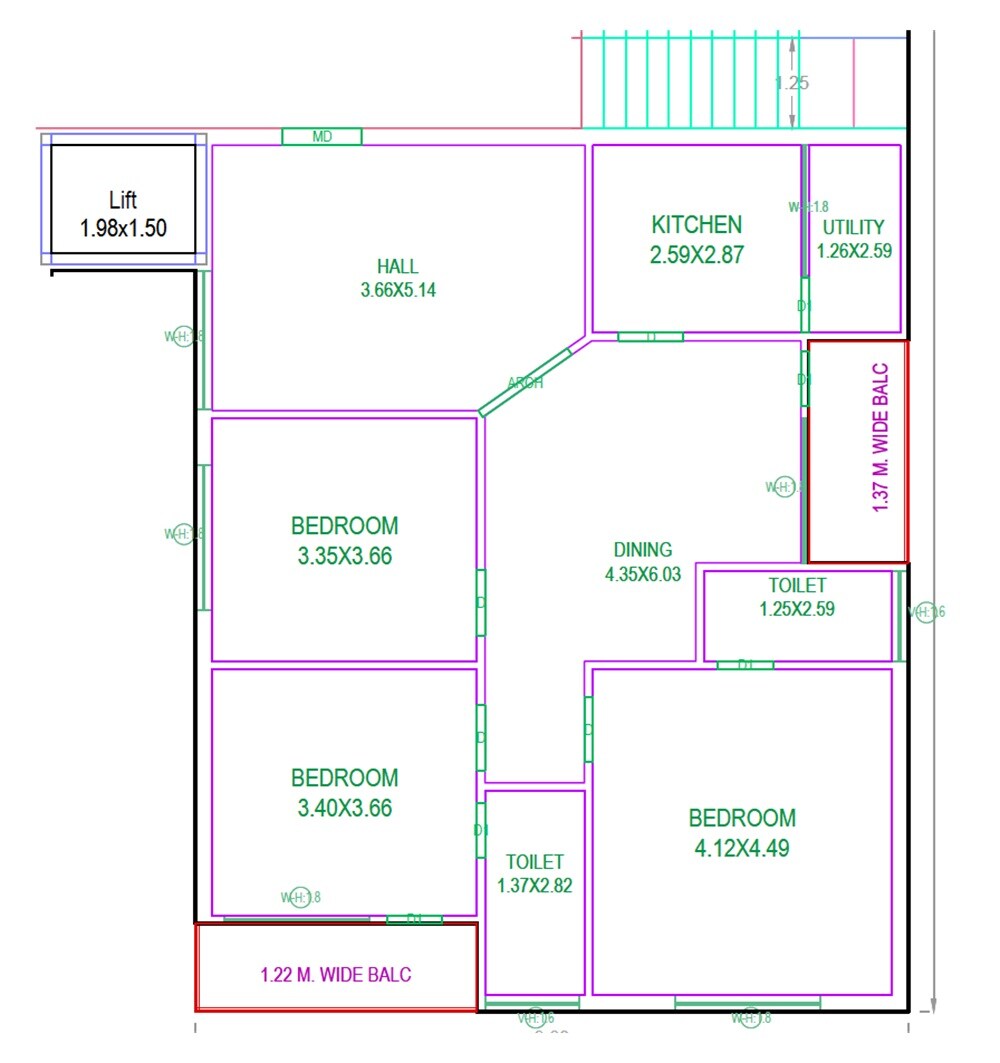 Floor plan of 3 BHK 1500 Sq. Ft. Apartment in JPL Snehasadan, Hyderabad