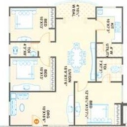 Floor plan of 3 BHK 1426 Sq. Ft. Apartment in Jubilee Homes, Hyderabad