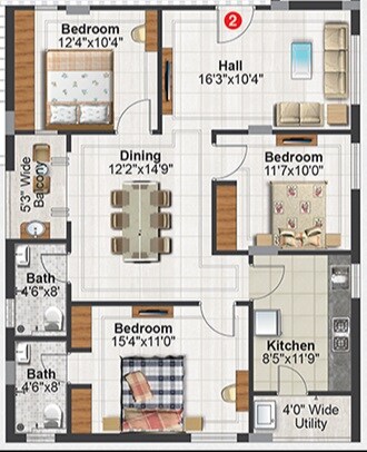 Floor plan of 3 BHK 1434 Sq. Ft. Apartment in Jubilee Orchids, Hyderabad
