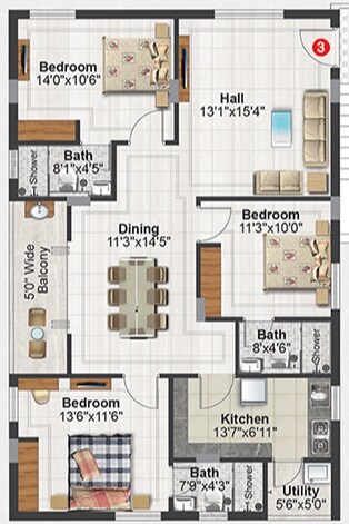 Floor plan of 3 BHK 1595 Sq. Ft. Apartment in Jubilee Orchids, Hyderabad